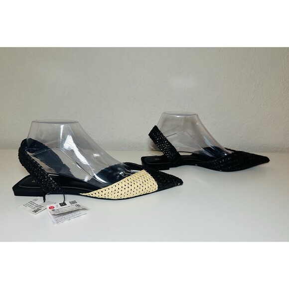 ZARA Woven Rafia Pointed Toe Black Tan Slingback Flat Sandal Women US 7.5 NEW - Picture 4 of 12